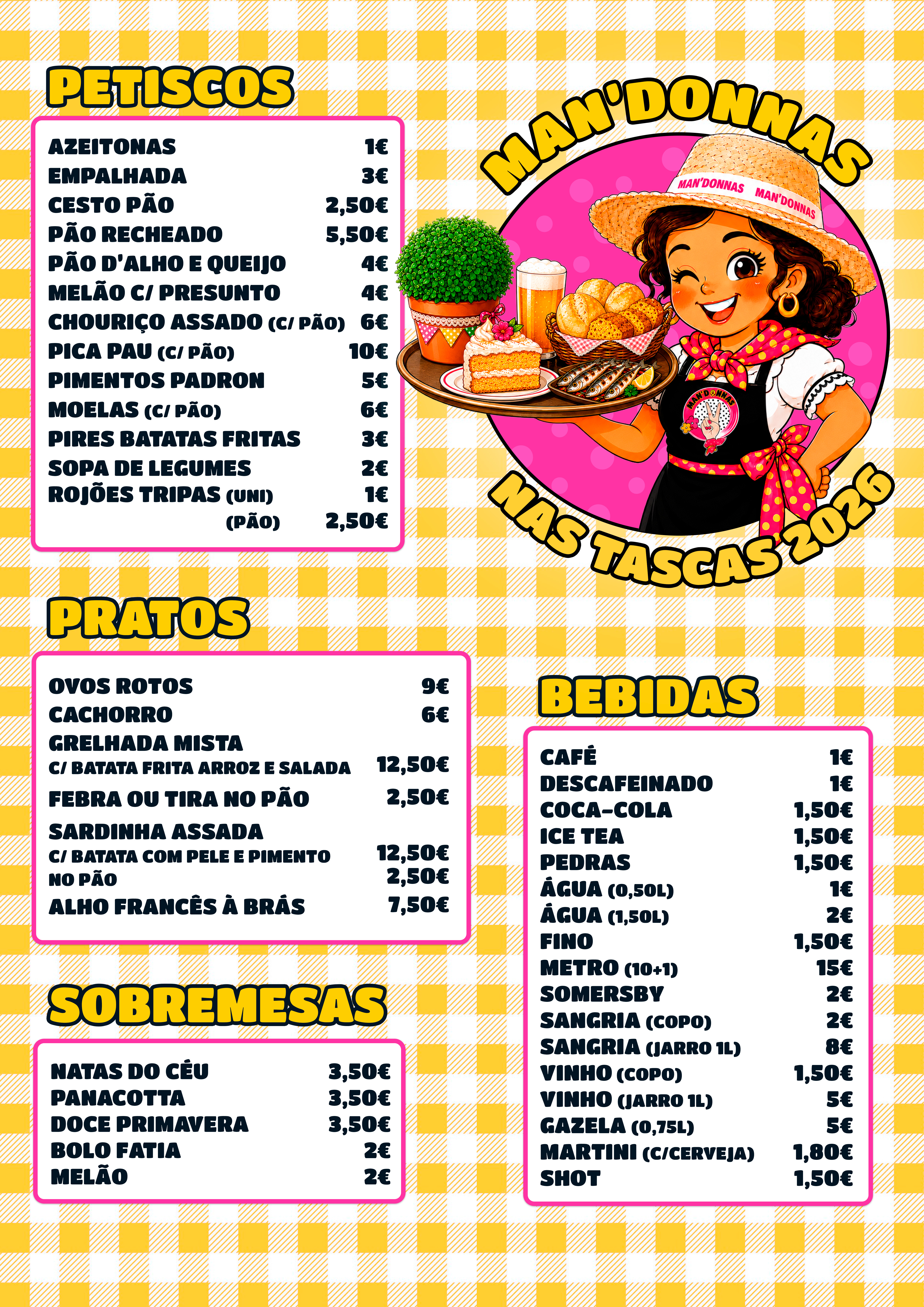 Ementa Man\'Donnas nas Tascas 2026 com petiscos, pratos, sobremesas e bebidas.
